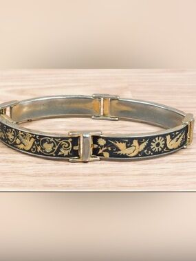 Gold-Tone Black Floral Hinged Bracelet